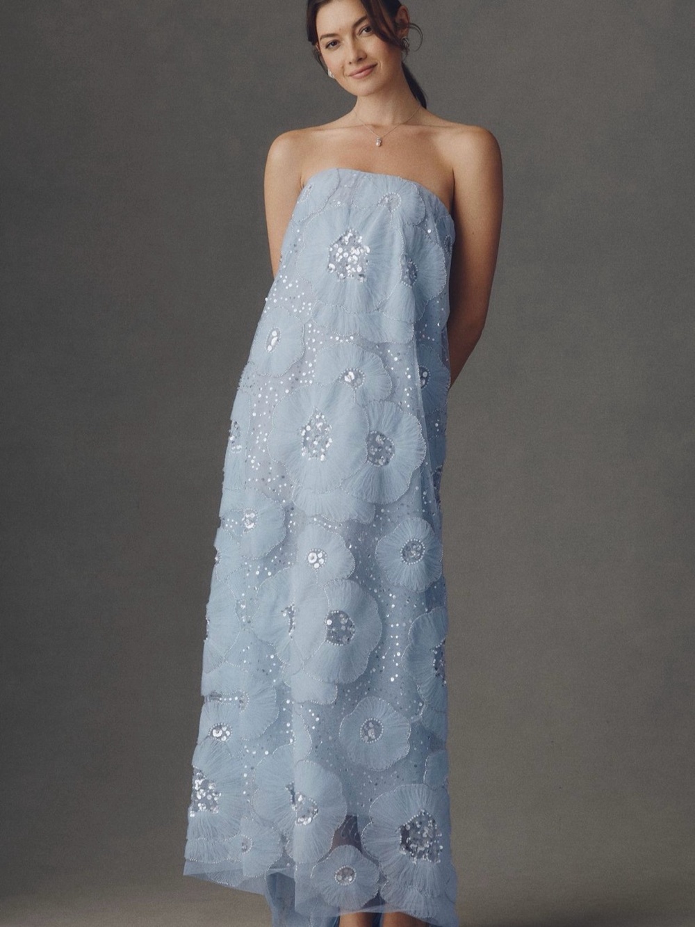Strapless Pale Blue Floral Sequin Maxi Dress